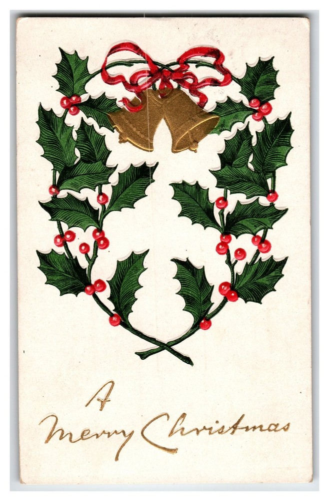 Vintage Embossed Christmas Postcard Gold Bells Holly Berries