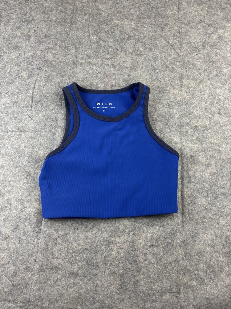 WILO The Label Women’s S Sports Bra Zip High Neck Longline Ribbed Blue Contrast