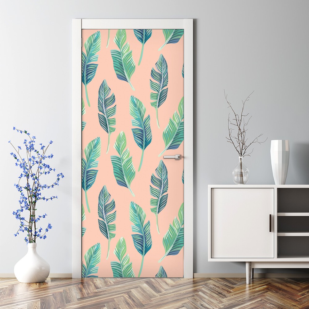 Adhesive Door sticker Green leaves peach Exotic tropical Colourful Watercolour