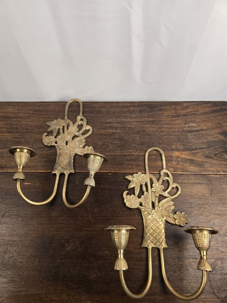 Set Of 2 Vintage Brass Floral Basket 2 Arm Wall Hanging Tapered Candle Holders