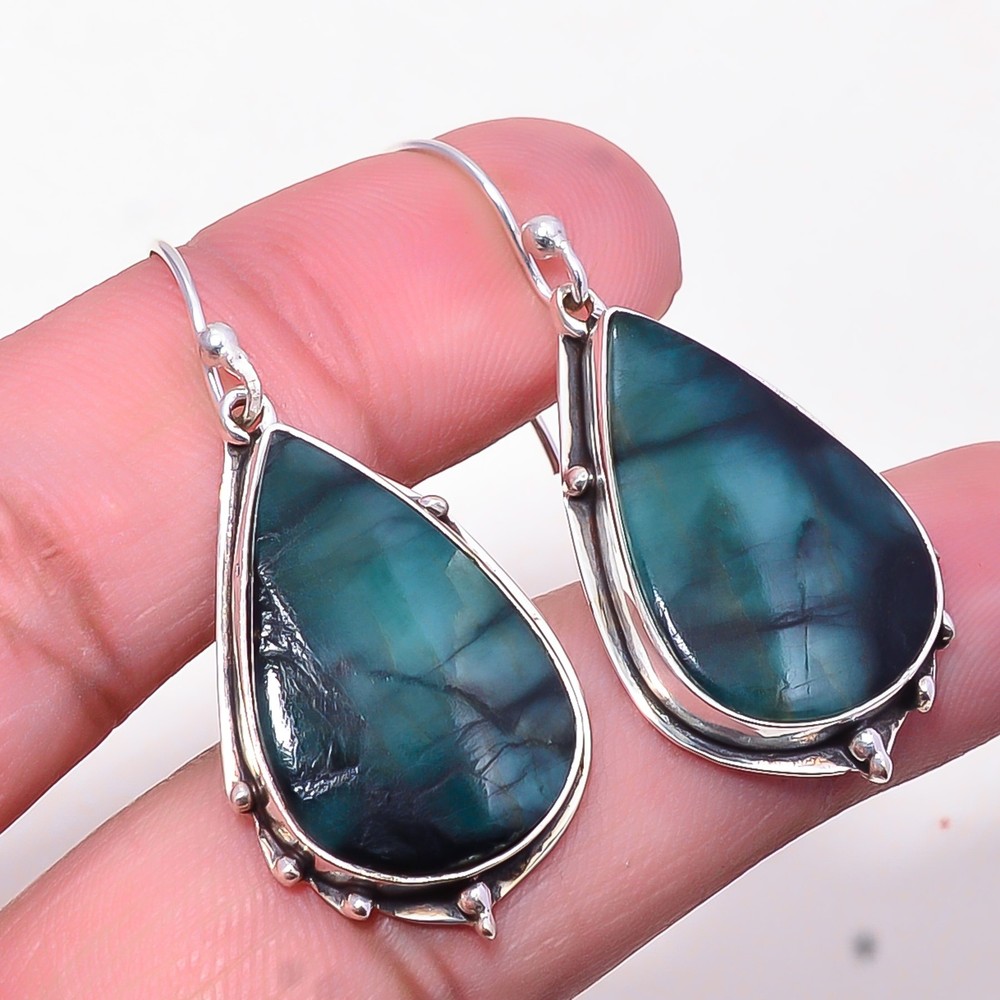 Emerald Sakota Mines Simulated Gemstone 925 Sterling Silver Dangle Earrings 1.76in E52