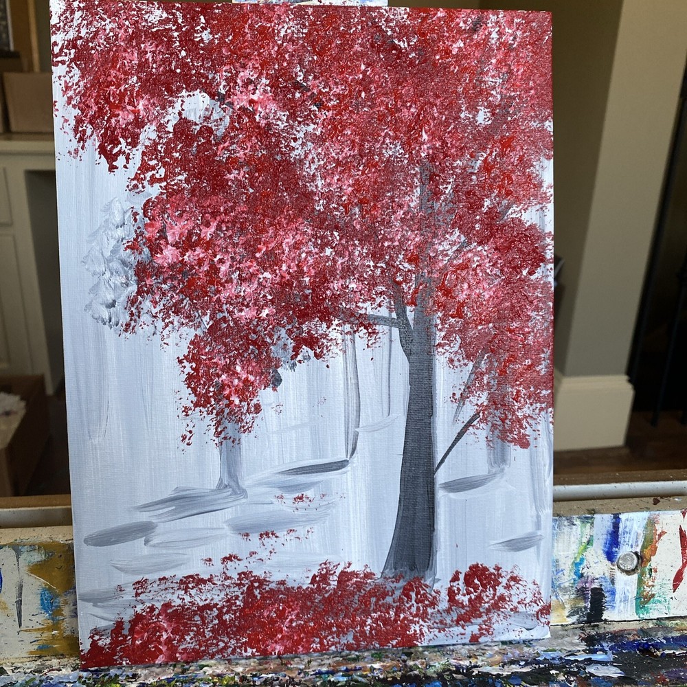 Red Maple Tree paintings on canvas original 9/12 gift, Abstract forest,acrylic-image