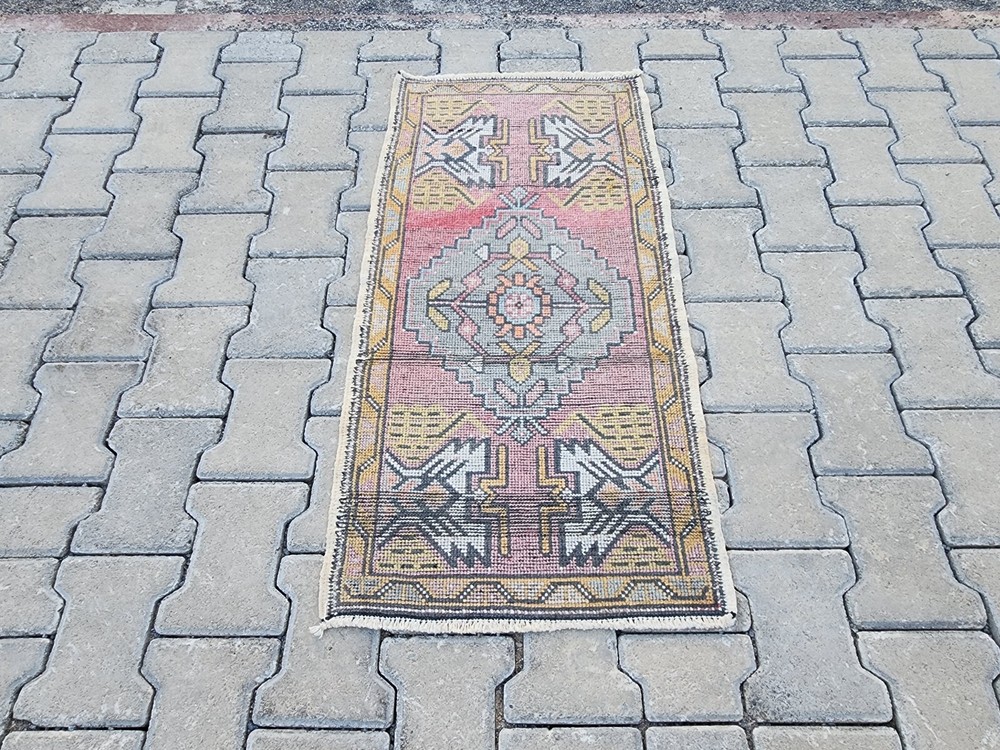 Mini Turkish Rug, 1.7x3.4 ft, Pink Mustard Oushak, Geometric Bird Design