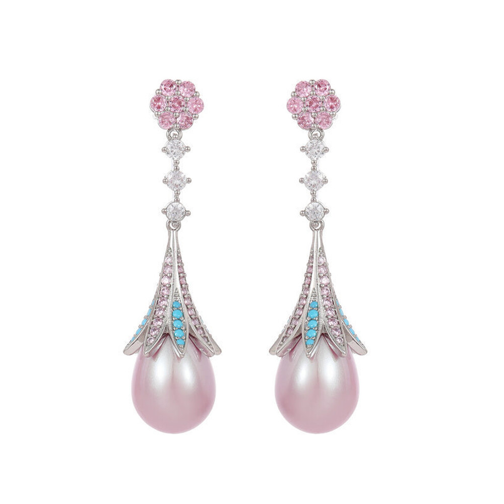 Silver Plated Pink CZ Blue Turquoise Long Flower Leaf Drop Pearl Dangle Earrings