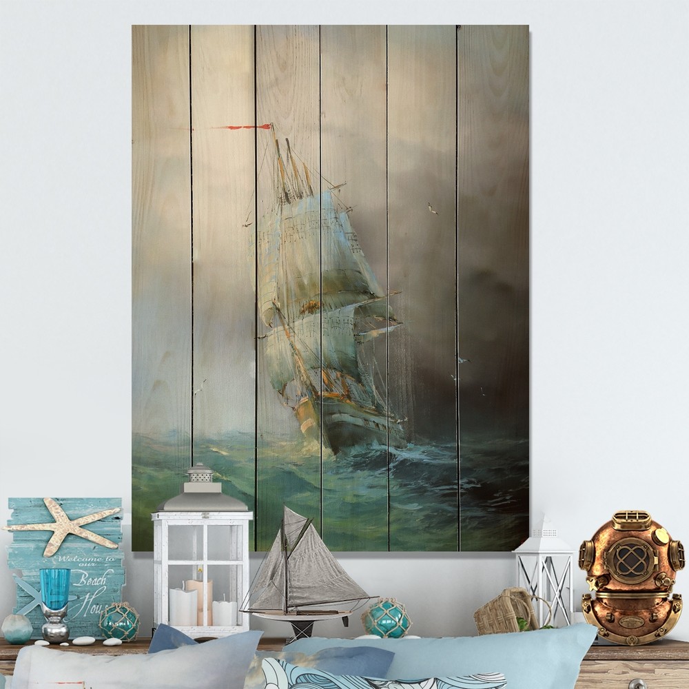 Designart 'Old Battle Sea Ship III' Nautical & Coastal Wood Wall Art - Natural
