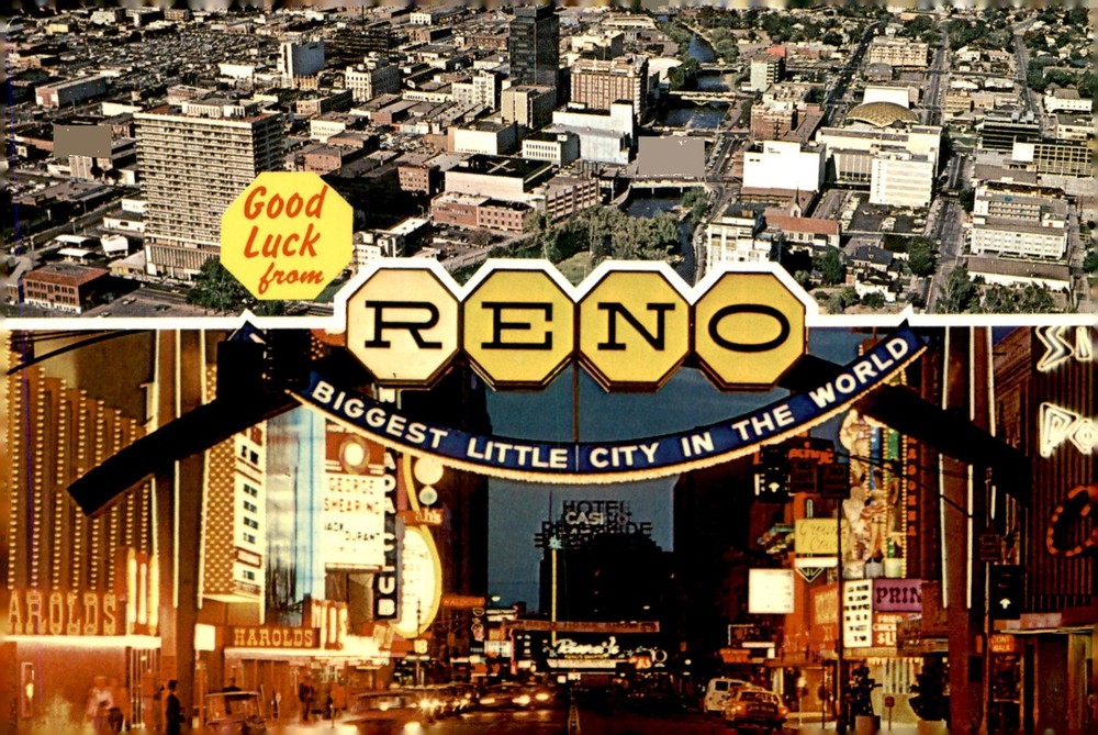 Reno, Biggest Little City, good luck, aerial view, Reno Arch, 1970s Postcard