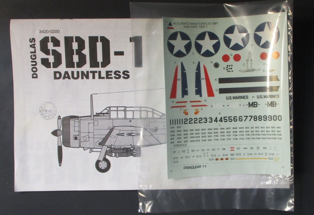 Accurate Miniatures 1/48th Scale SBD-1 Dauntless - Decals from Kit No. 3420-image