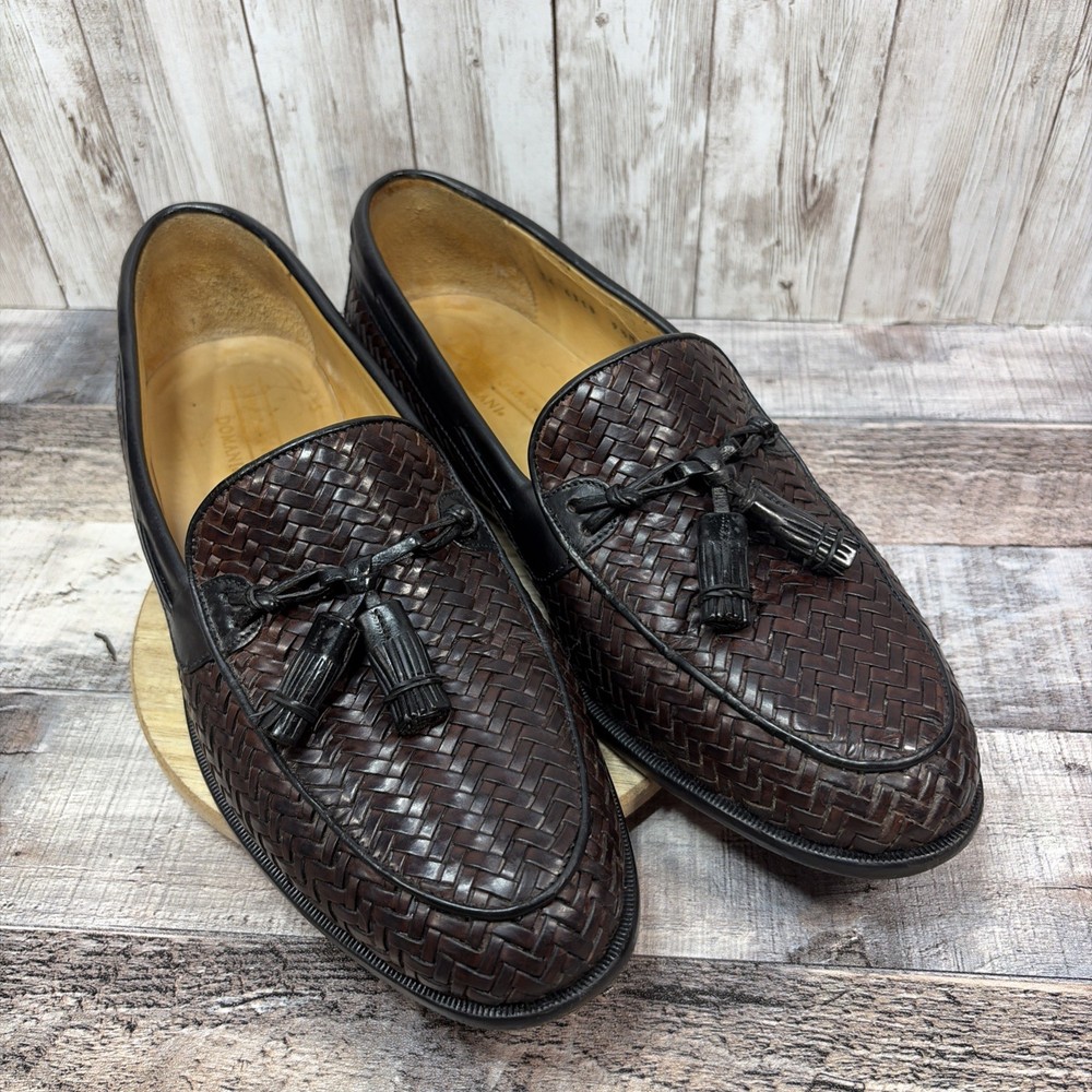 Johnston & Murphy Domani Mens Black Brown Woven Leather Loafers Tassel 9.5 M