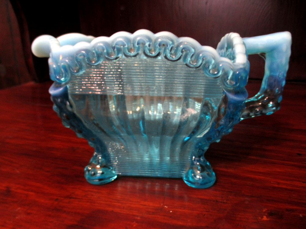 Antique EAPG Northwood Alaska Lions Leg Blue Opalescent Open Sugar Bowl c. 1880