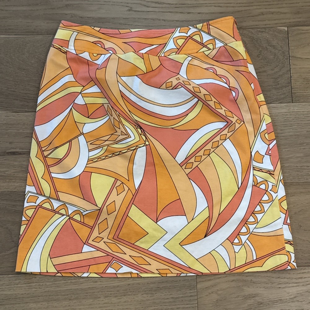 Talbots Stretch Wrap Skirt Size 8 Orange Mod Geometric Retro Mini