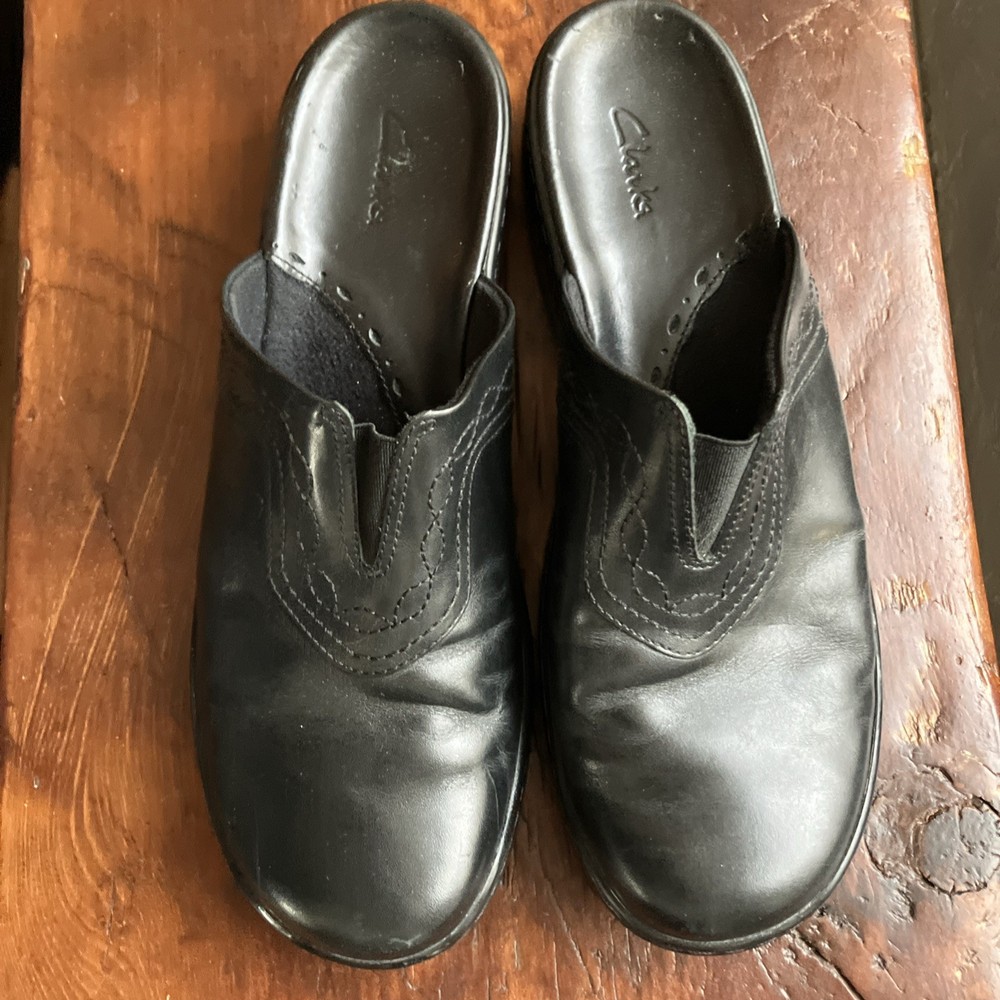Clarks Leather Mules Clogs Comfort Slip On Shoes Black Size 9M