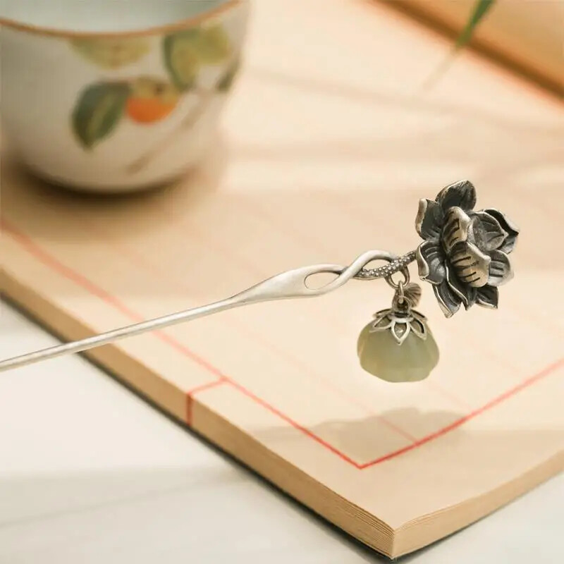 Ethnic 925 Silver Lotus Hairpin Tiara for Weddings and Classical Events