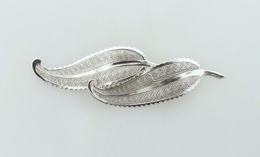 Vintage Beaucraft Sterling Silver 925 Filigree Scroll Double Leaf Brooch Pin