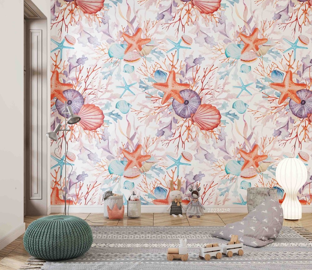 3D Coral Starfish Shell Pattern Wall Murals Wallpaper Murals Wall Sticker