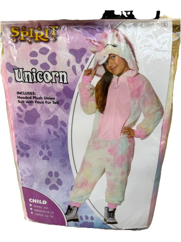 Spirit Halloween Unicorn Plush Costume with Faux Fur Tail for Girls Size 12-14