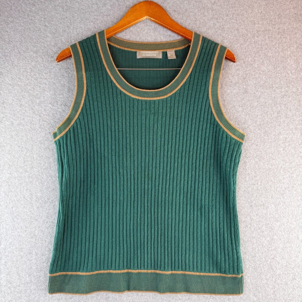 Liz Claiborne Green Cable Knit Pull Over Scoop Neck Short Sleeve Vest Preppy XL