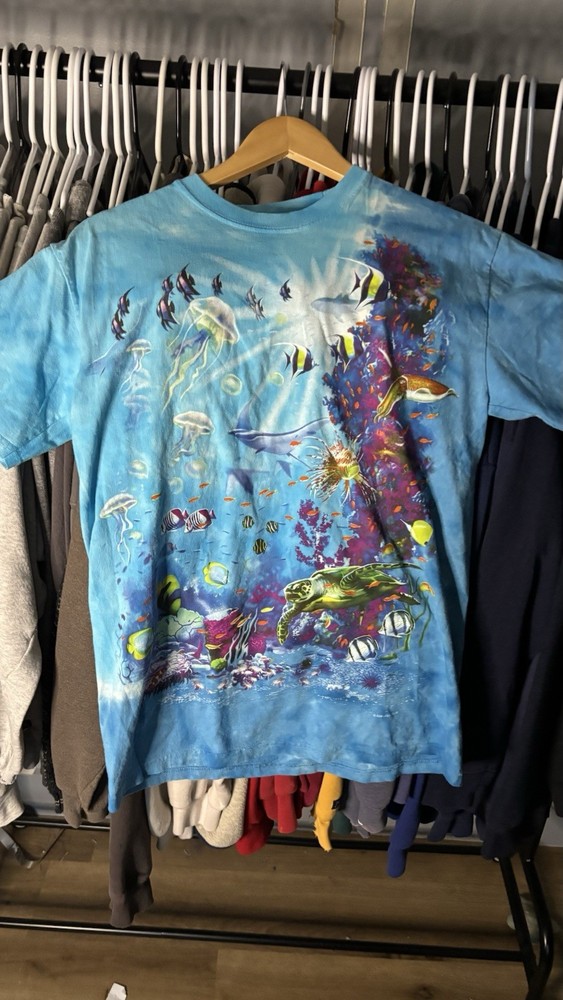 Vintage Liquid Blue Ocean Reef All Over Print Tie Dye T Shirt Sea Life T Medium