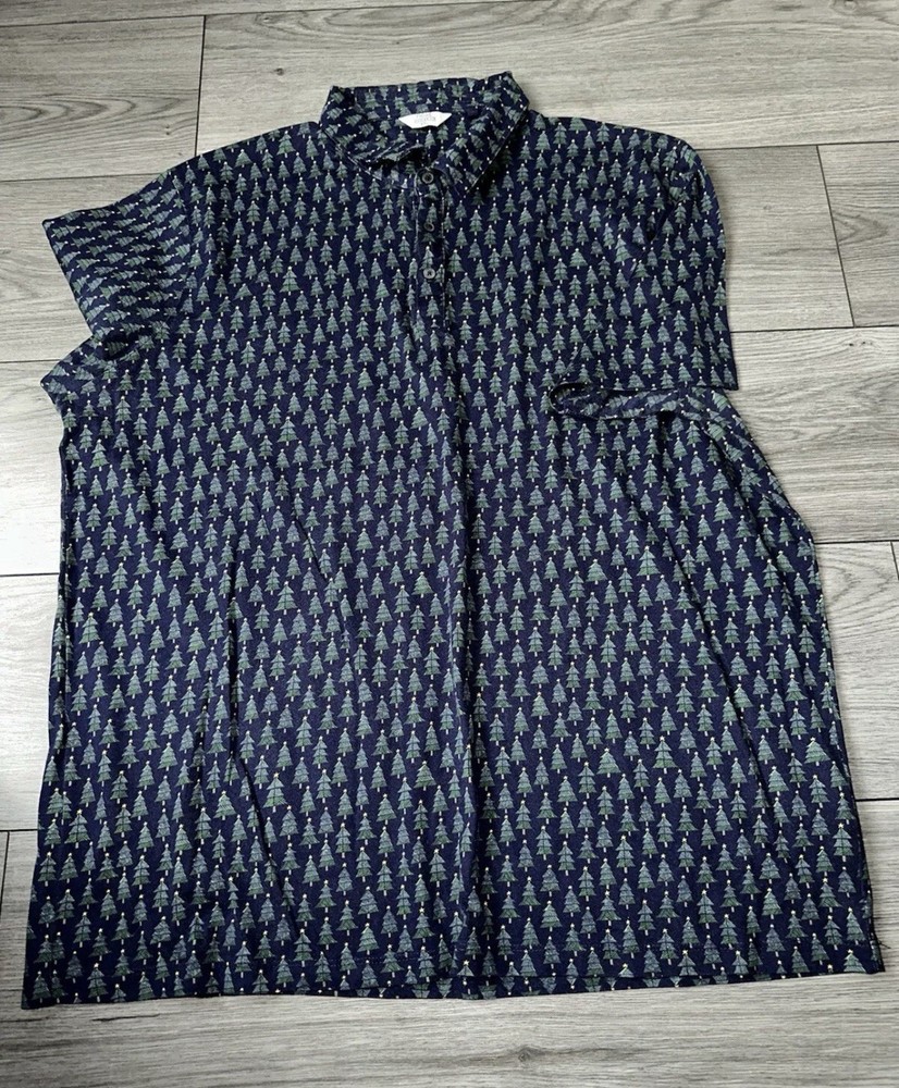 Men's Christmas Tree Print Polo T-Shirt 2XL Blue Festive Cotton Top (26)
