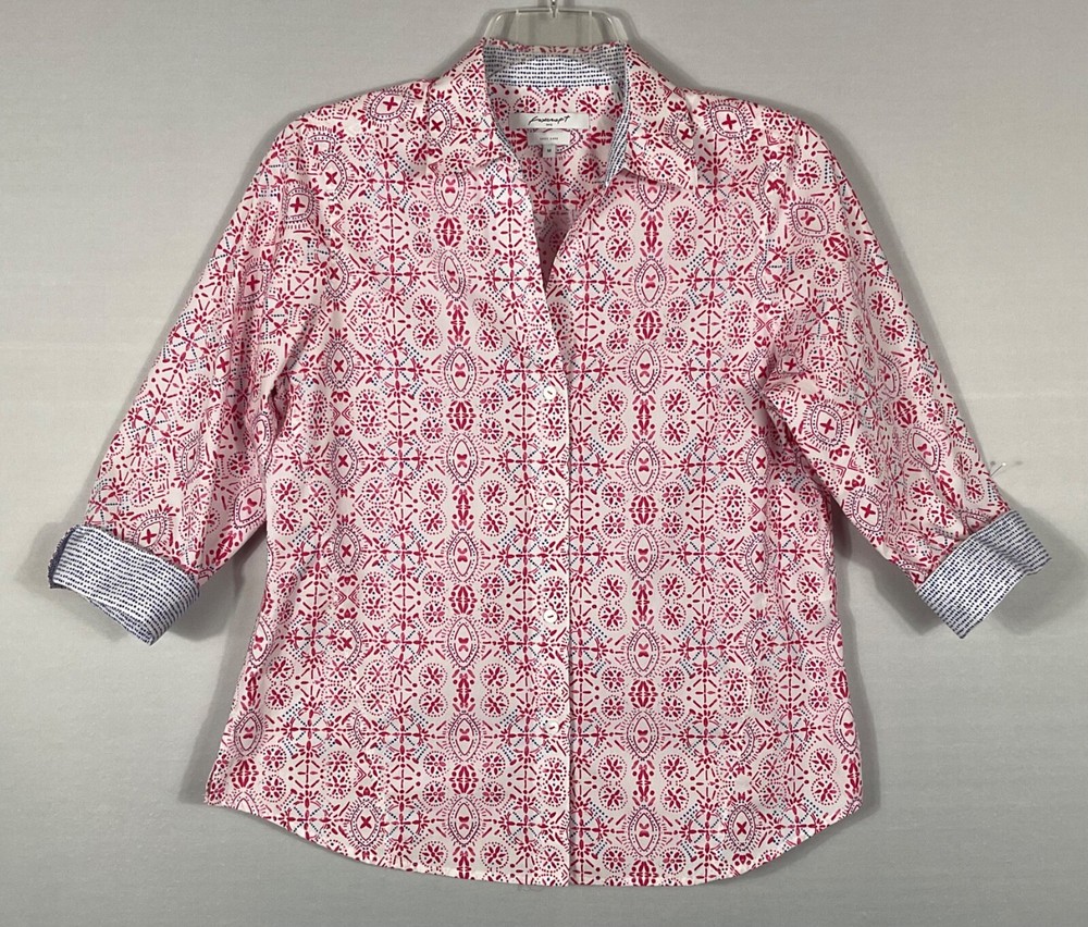 Foxcroft Top Womens Med Ivory Pink Floral Button Up Rolled Cuff 3/4 Sleeves