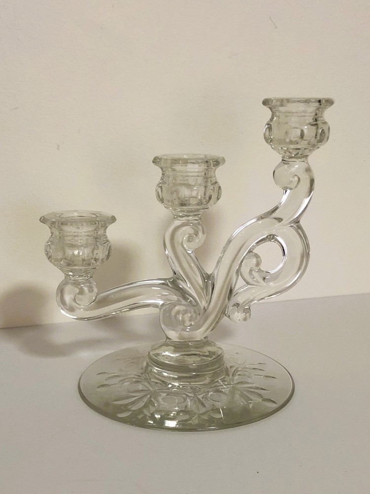 Vintage Heisey Glass 3 Arm Candlestick Orchid Etched Pattern Candle Holder