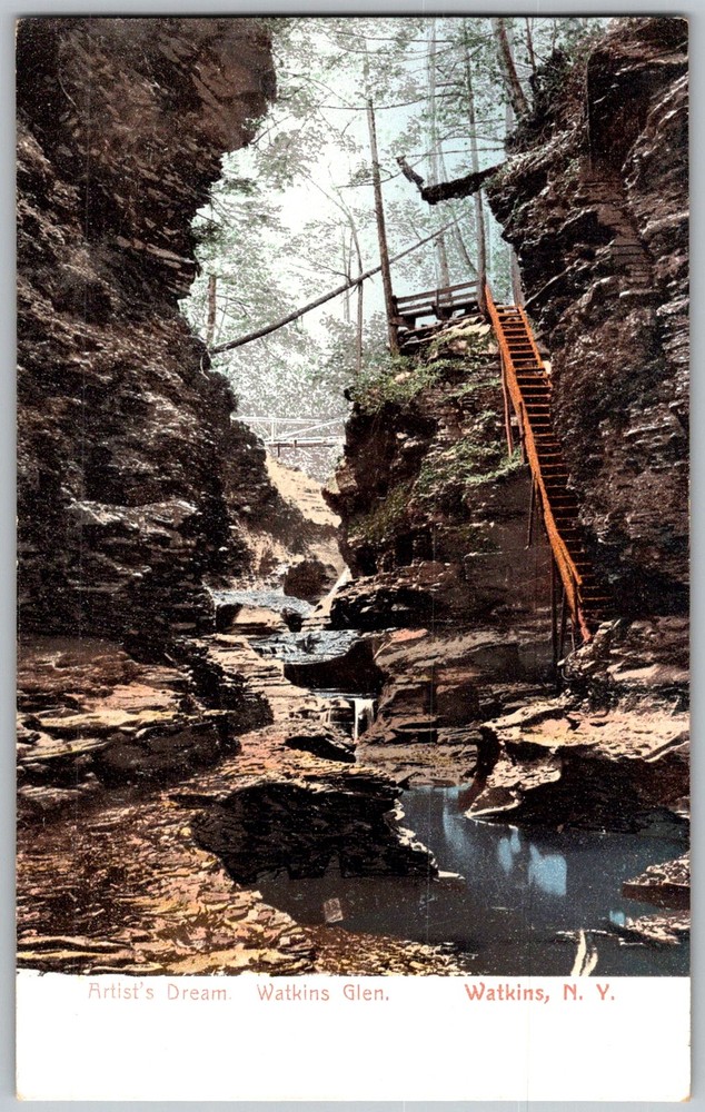Antique Postcard Artist's Dream Gorge Staircase Watkins Glen, NY 1900s