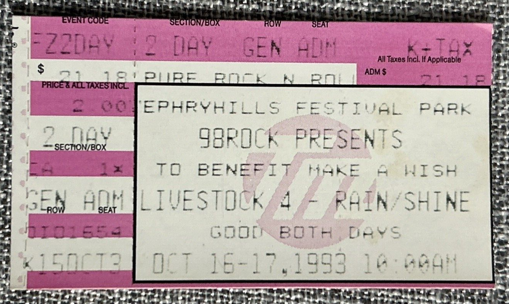 Vintage 98 Rock Presents Livestock 4 Concert Ticket Stub 10/16-17/93 Zephyrhills