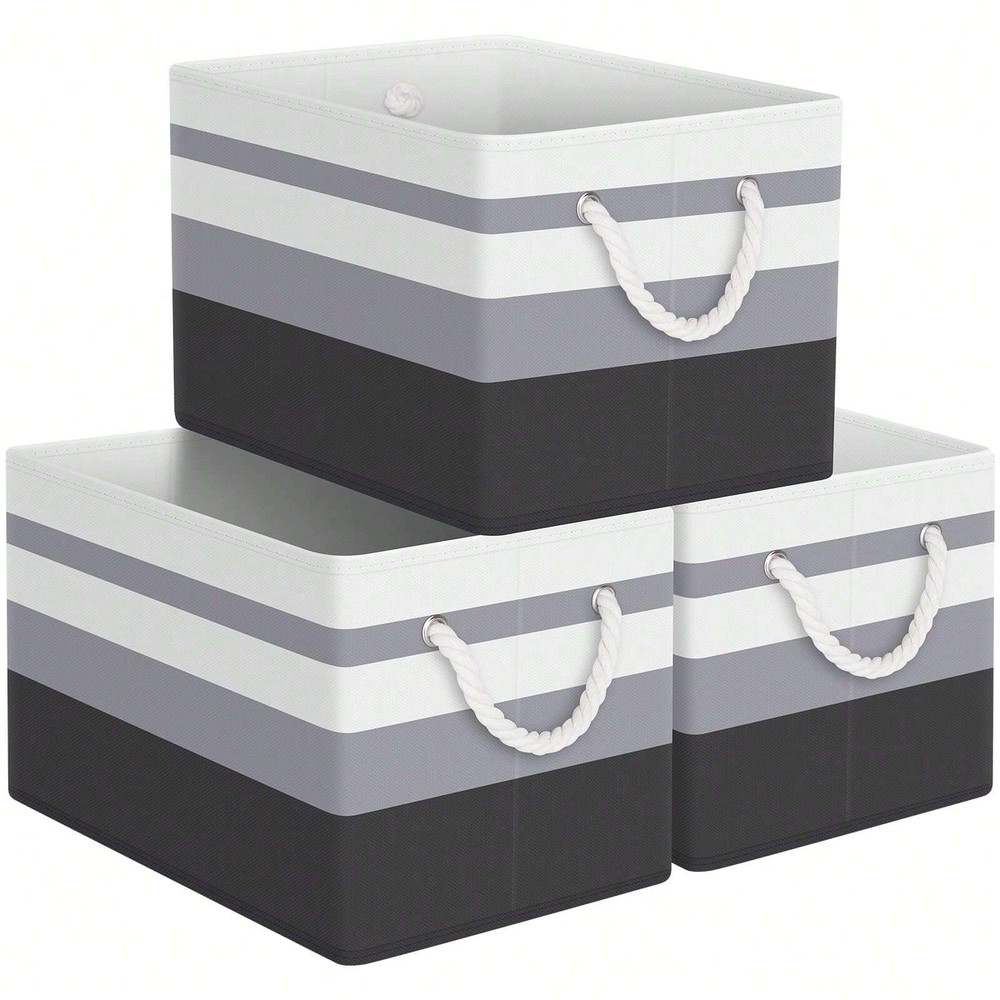 3-Piece Gradient Grey Collapsible Storage Bins - Large Rope Handle Organizers