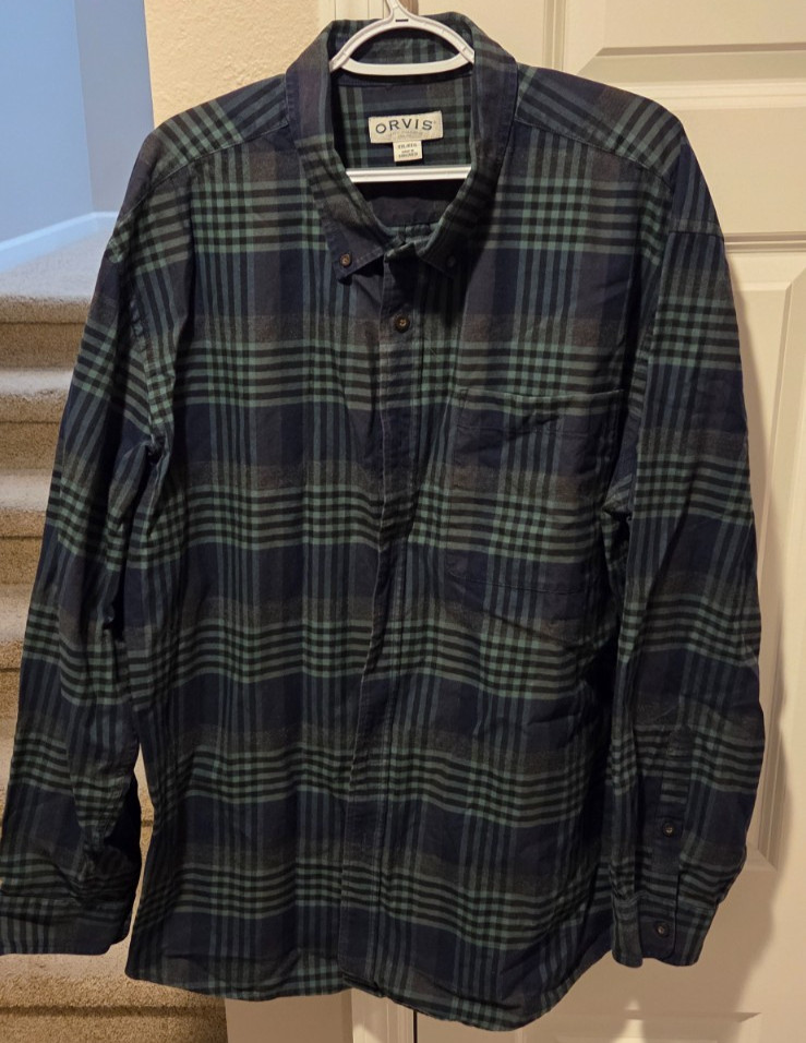 Orvis Men's Shirt XXL Green Blue Plaid Flannel Button-Up Long Sleeve Pockets