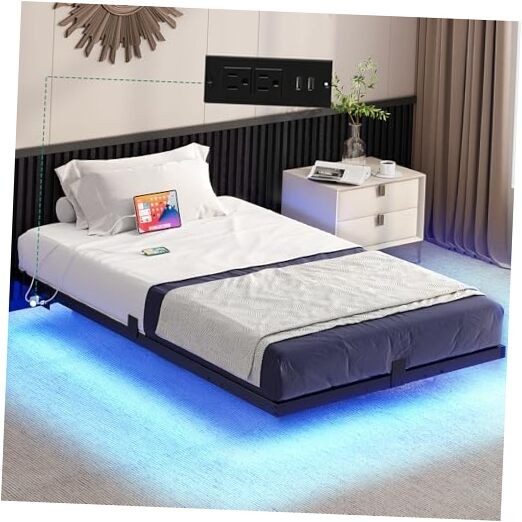Floating Bed Frame Size, LED Bed Frame with Charging Station, Twin Black 1