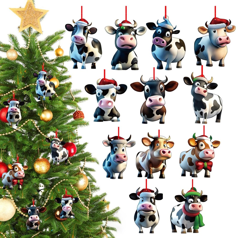 Christmas Cow Decorative Hanging Ornaments 12Pcs Wooden Funny Farm Cow Animal