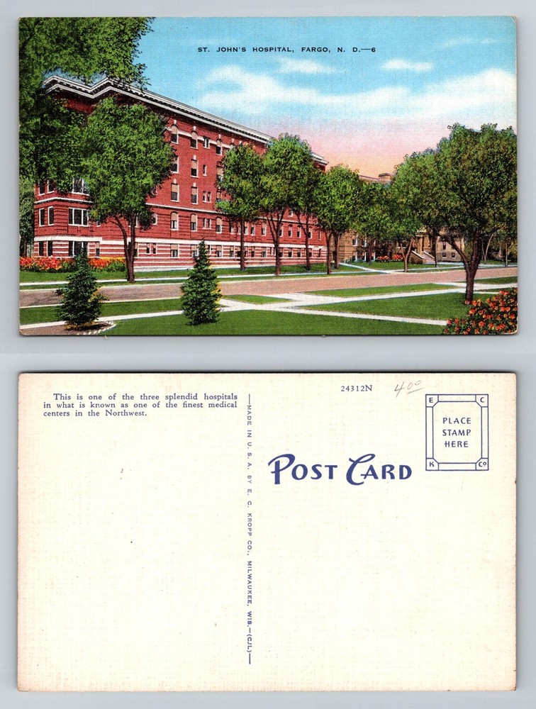 Fargo, ND-North Dakota, St John’s Hospital Red Brick Building Vintage Postcard