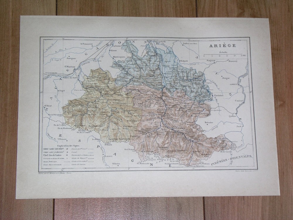 1887 Original Antique Map Of Department Of Ariege Foix / France