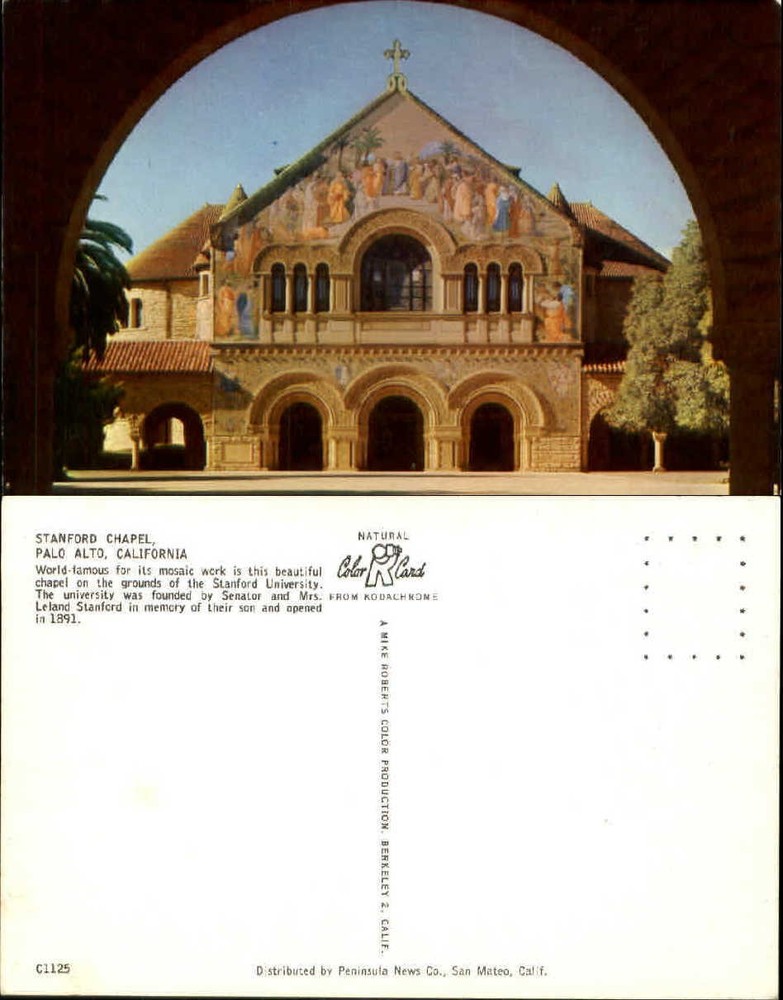 Stanford Chapel ~ Palo Alto California~mosaic~Stanford University~1950s postcard