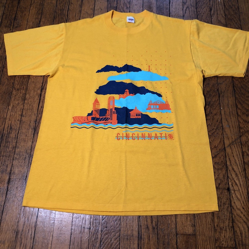 Vintage 80s 90s Cincinnati Destination T-Shirt Size XL Yellow Single Stitch USA