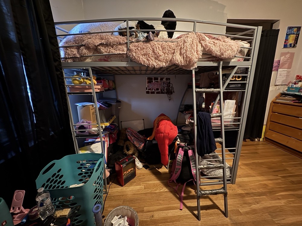 Gray Metal Twin Loft Bed with Ladder and Shelves for Kids or Teens