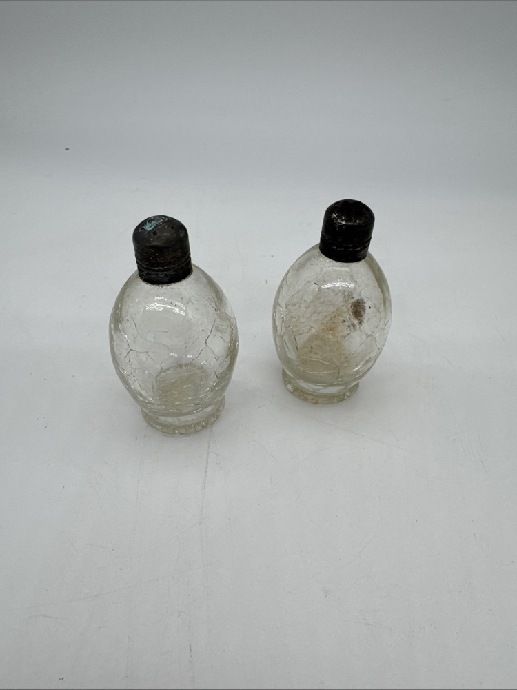 Vintage Crackled Glass Salt & Pepper Shakers with Metal Lids