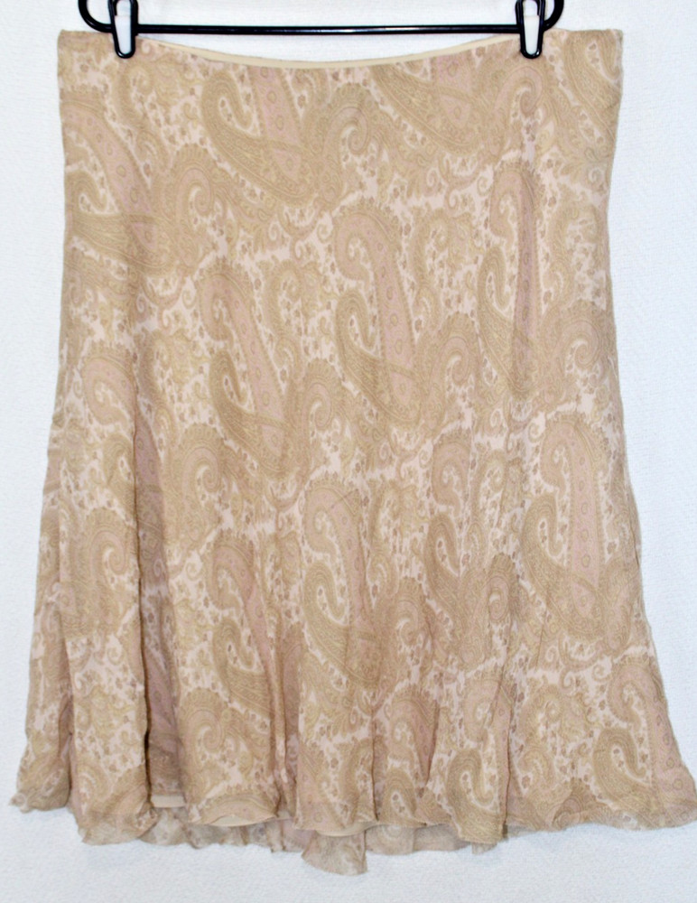 LRL Ralph Lauren Sz 2X Beige Lined Silk A-Line Skirt Sheer Paisley