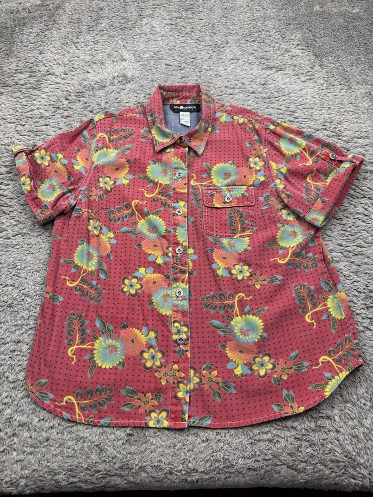 Sag Harbor Top Women XL Red Floral Cuffed Roll Tab Short Sleeve Denim Shirt Vtg