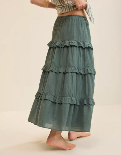 NEW Aerie Ready To Ruffle Tiered Midaxi Skirt, Royal Palm