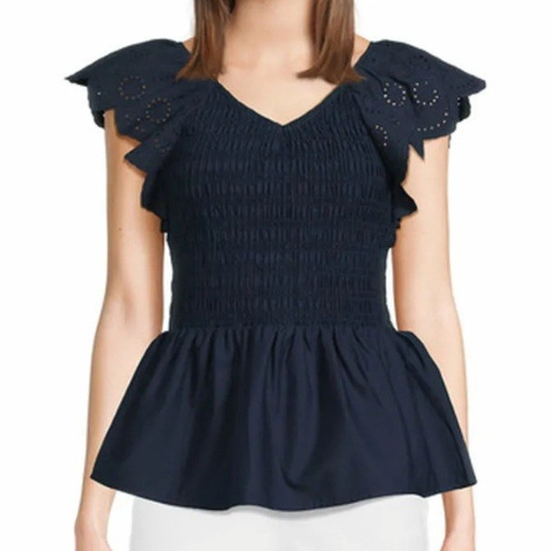 Women’s Blue Smocked Cotton Eyelet Ruffle Flutter Sleeve Peplum V-Neck 2XL