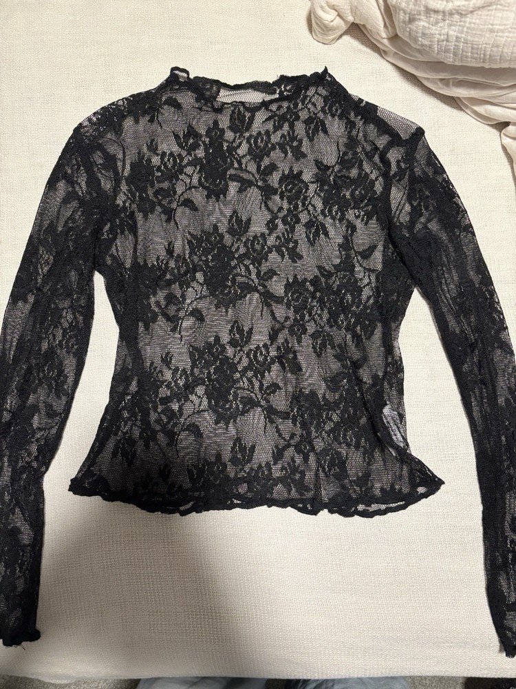 SHEIN Black Floral Lace Sheer Mock Neck Ruffle Long Sleeve Stretch Top S