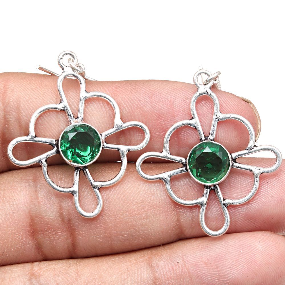 Emerald Quartz Gemstone Silver Earrings Handmade Gift for Women 1.5 Inch