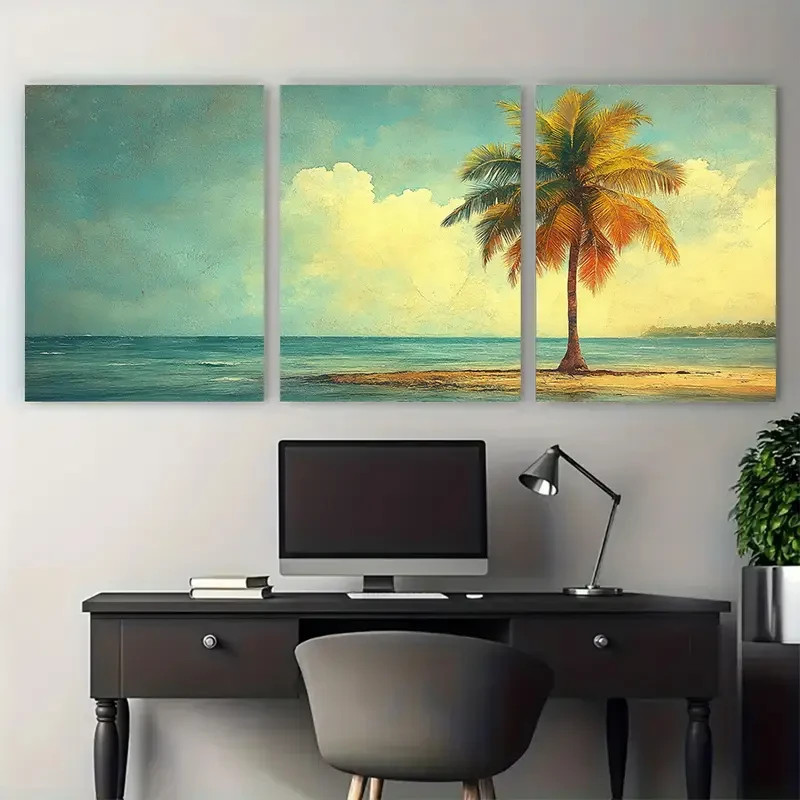 3pcs Minimalist Tropical Oasis Palm Tree Design Metal Print Ready to Hang Art