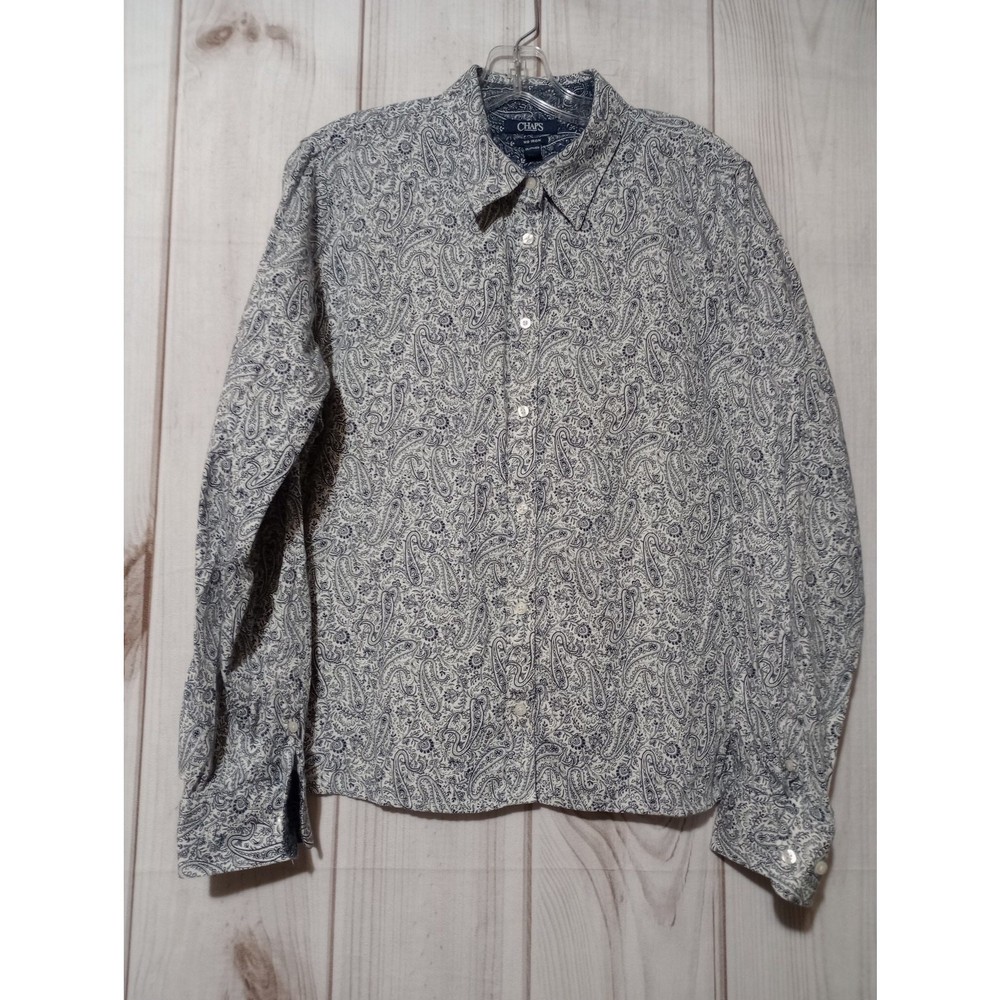 Chaps Shirt Ladies 2XL Blue White Paisley Button Up Long Sleeve No Iron Soft Top