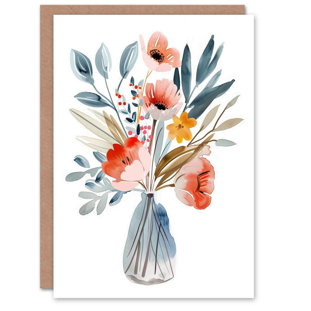 Greeting Card Wildflower Bouquet Vase Pastel Floral Watercolour Birthday