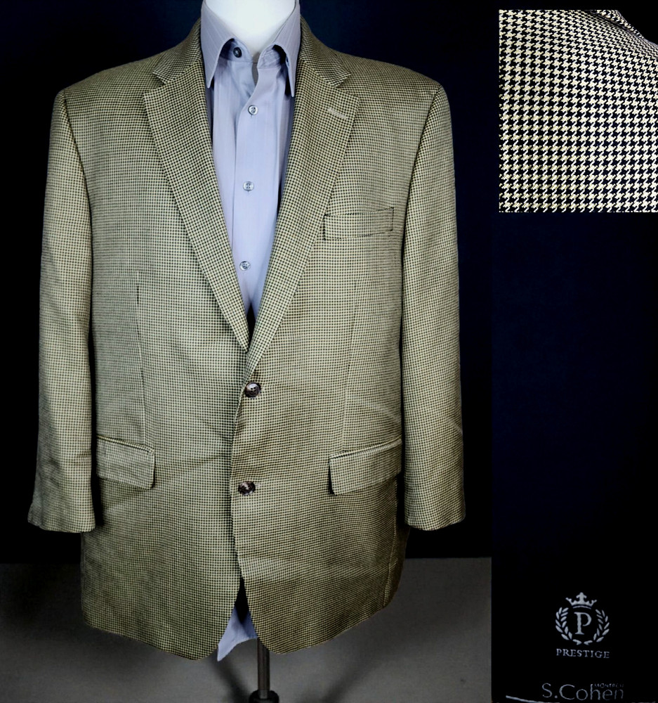 S Cohen Sport Coat Blazer Mens 44R/S Beige Houndstooth Silk Wool Cashmere