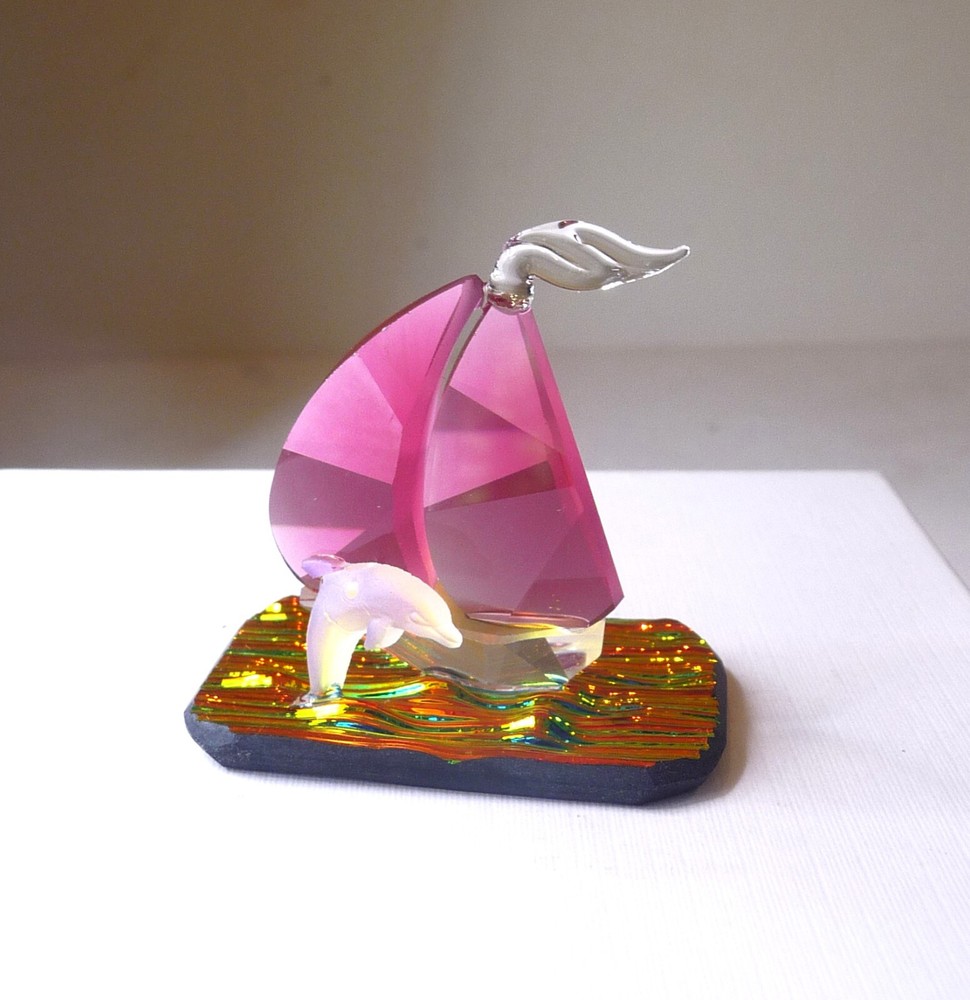 Vintage Schafer/QVC Line Austrian Crystal Red Sailboat & Dolphin Figurine