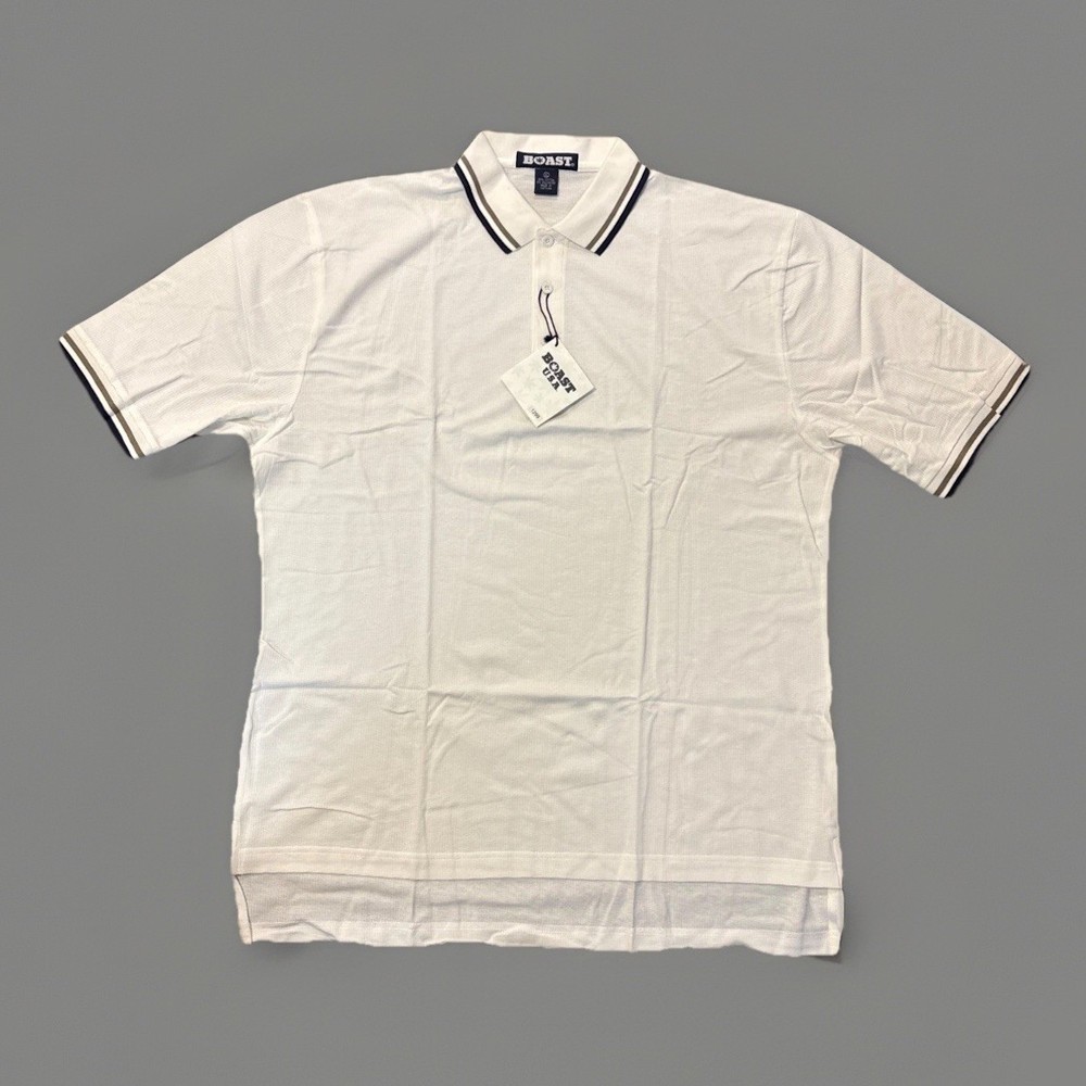 Boast USA Striped Collared Shirt Sleeve Polo White X-Large Men’s NEW With Tags