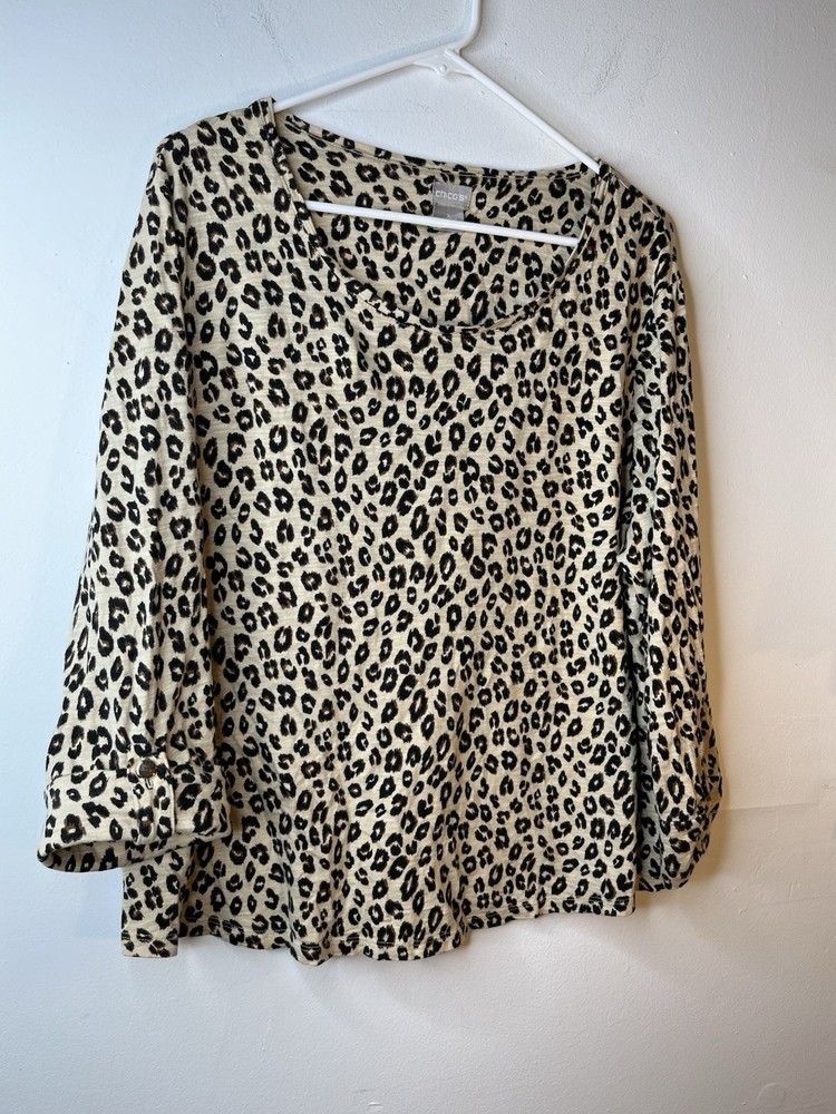 Chicos Leopard Cheetah Brown Long sleeve Modal Blouse sz 3 / XL (15)