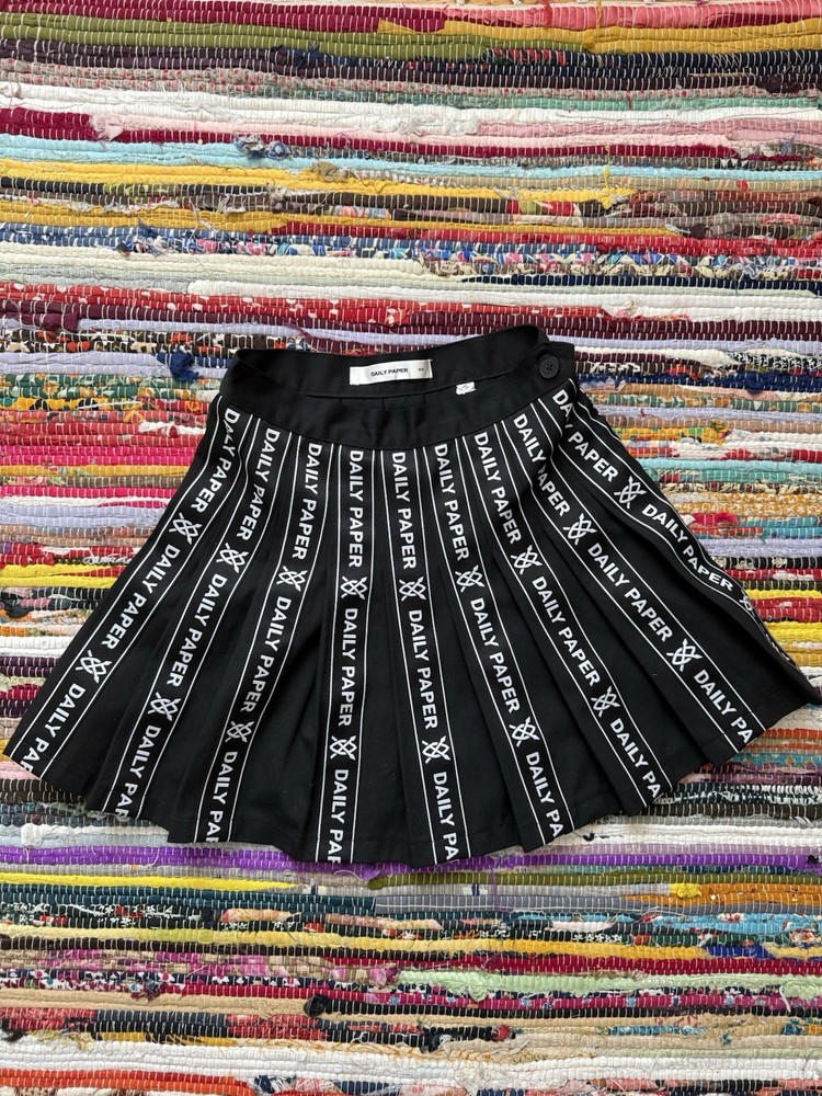 Daily Paper Black White Pleated Logo Stripe Short Skirt Button Closure Women